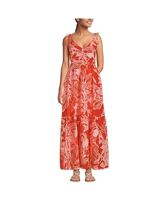Lands' End Women's Cotton Voile Vneck Tie Strap Maxi Dress