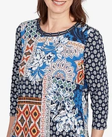 Alfred Dunner Women's Batik Patchwork Drawstring Crew Neck Top