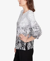 Alfred Dunner Women's Ombre Scroll Split Beaded Neck Top