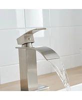 Greenspring Waterfall Single Handle Hole Low-Arc Bathroom Faucet Drip-Free Vanity Sink Matte Black & Gold