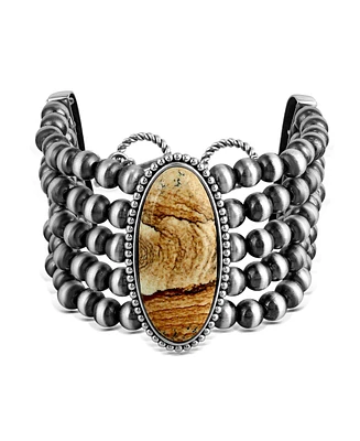 American West Jewelry Sterling Silver Oval Picture Jasper Oval Cut Beaded Toggle Bracelet, Size