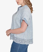 Ruby Rd. Plus Snow Washed Crochet Hem Collared Shirt
