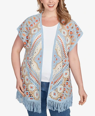 Ruby Rd. Plus Size Crochet Fringe Short Sleeve Cardigan Sweater