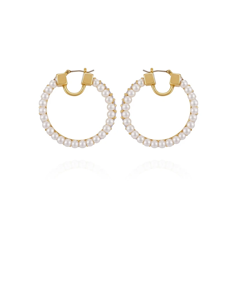 Vince Camuto Gold-Tone Crystals Cultivated Pearl Hoop Earrings