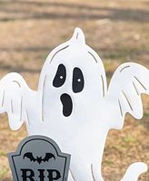 Glitzhome 32.25" Lighted Halloween Metal Ghost Tombstone Yard Stake with Timer