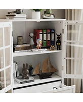 Minimalist White Buffet Cabinet with Double Glass Doors and Drawer, Modern Wooden Storage Sideboard Cupboard for Living room, Dining Room Hallway Entr