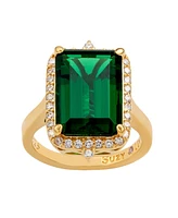 Suzy Levian New York Yellow Sterling Silver Emerald-Cut Green Cubic Zirconia and Pointed Halo White Ring