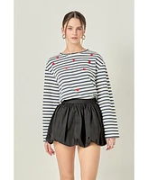 English Factory Women's Heart Embroidered Stripe T Shirt