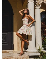 Miss Circle Women's Valda Yellow and Pink Print Linen Mini Dress with Pockets
