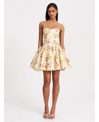 Miss Circle Women's Valda Yellow and Pink Print Linen Mini Dress with Pockets