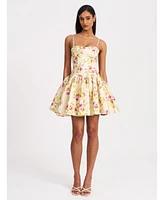 Miss Circle Women's Valda Yellow and Pink Print Linen Mini Dress with Pockets