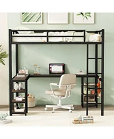Full Metal Loft Bed with Desk and Shelves, Loft Bed with Ladder and Guardrails, Loft Bed Frame for Bedroom