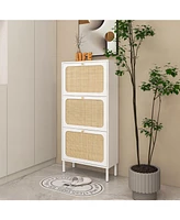 Boyel Living Rattan Shoe Storage Cabinet with 3 Flip Drawers Rattan 3 Door Shoe Rack Freestanding Modern Shoe Storage Cabinet for Entryway, White
