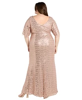 R & M Richards Plus Beaded Flutter-Sleeve Slit Gown