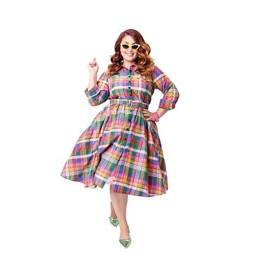 Unique Vintage Plus Long Sleeve Belted Shirt Dress