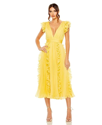 Mac Duggal Women's Pleated Chiffon V Neck Ruffle Midi Dress