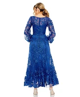 Mac Duggal Women's V Neck Mesh Puff Sleeve A Line Embellished Dress
