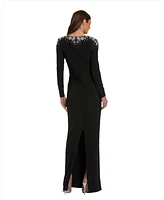 Mac Duggal Women's Jersey V Neck Faux Knot Gown With Beaded Shoulders