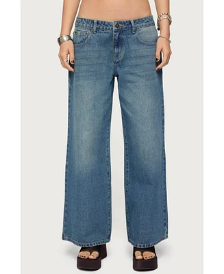 Edikted Womens Petite Vyxen Vintage Washed Low Rise Jeans