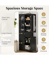 Costway 63" Tall Bathroom Cabinet with Tempered Glass Doors Adjustable Shelves Large Drawer