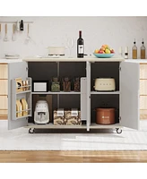 Casainc 51.2" Solid Wood Kitchen Island with Drop Leaf, Handwoven Finish, Storage and Wheels