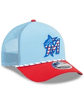 New Era Men's Light Blue/Red Miami Marlins 2025 Fourth of July 9FORTY A-Frame M-Crown Adjustable Trucker Hat