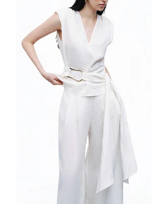Nocturne Women's Linen Waist Accessory Detailed Blouse