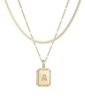 Adornia Gold Pave Tag Pendant and Herringbone Chain Initial Necklace Set