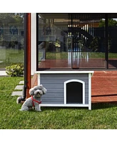 Small Wooden Outdoor Dog House, Waterproof Roof, Elevated Floor, Grey