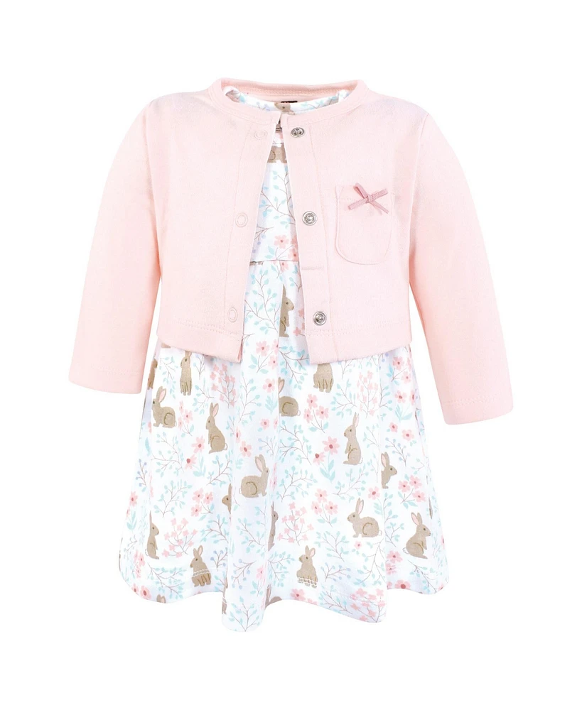Hudson Baby Girls Cotton Dress and Cardigan Set, Floral Bunnies, Months