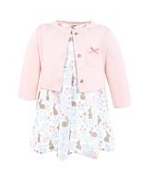 Hudson Baby Girls Cotton Dress and Cardigan Set, Floral Bunnies, Months