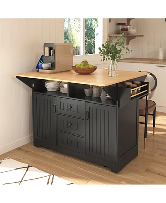 Casainc 55.7" Large Kitchen Island with 2 Drop Leafs, Rolling Cart, Power Outlet, Folding Dining Table, Spice Rack