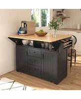 Casainc 55.7" Large Kitchen Island with 2 Drop Leafs, Rolling Cart, Power Outlet, Folding Dining Table, Spice Rack
