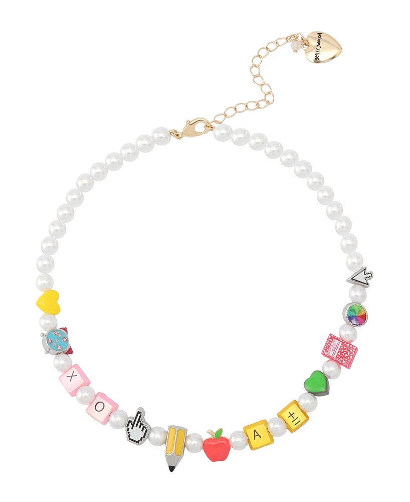 Betsey Johnson Faux Stone Straight Back to School Motif Cultivated Pearl Collar Necklace