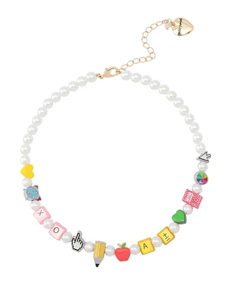 Betsey Johnson Faux Stone Straight Back to School Motif Cultivated Pearl Collar Necklace
