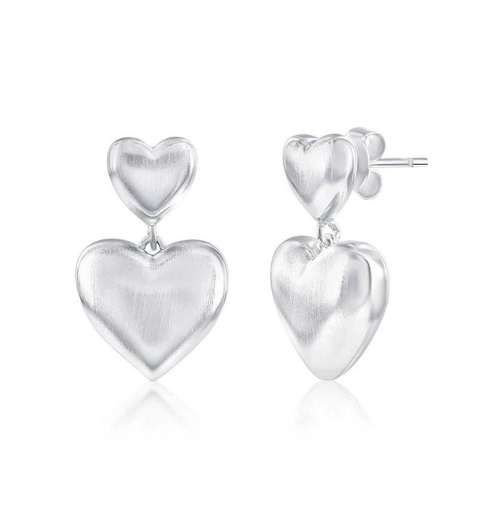 Simona Sterling Silver, Double Heart, Matte Puffed Earrings