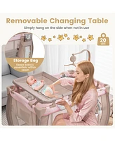 Costway Kids Portable Playard Nursery Center Crib with Hanging Toys & Music Box Unisex 0-3 Years