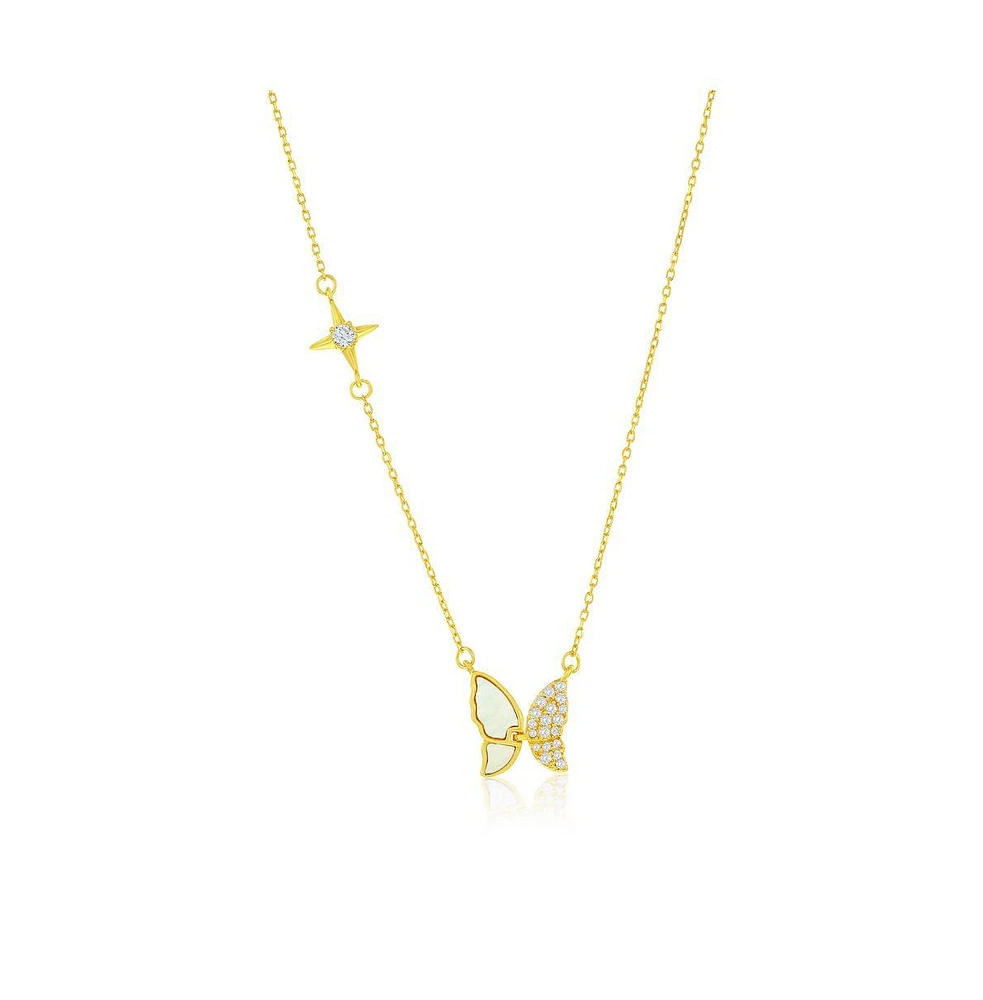 Caribbean Treasures Sterling Silver, Mop & Cz Butterfly Necklace - Gold Plated