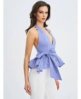 Miss Circle Women's Ilene Blue and White Checkered Bubble Hem Halter Top