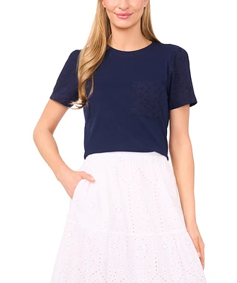 CeCe Women's Cotton Eyelet-Sleeve Patch-Pocket T-Shirt