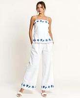 Modenaire Women's Embroidered Floral Hem Camisole and Wide-Leg Pant Set