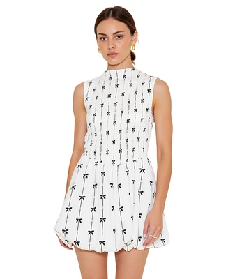 Modenaire Women's Sleeveless Smocked High Neck Embroidered Mini Dress