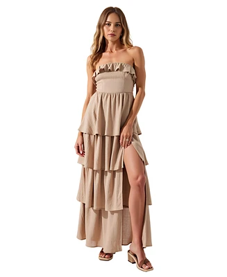 Modenaire Women's Strapless Tiered Ruffle High Slit Maxi Dress