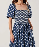 Modenaire Women's Smocked Puff-Sleeve Tiered Midi Dress with Pockets