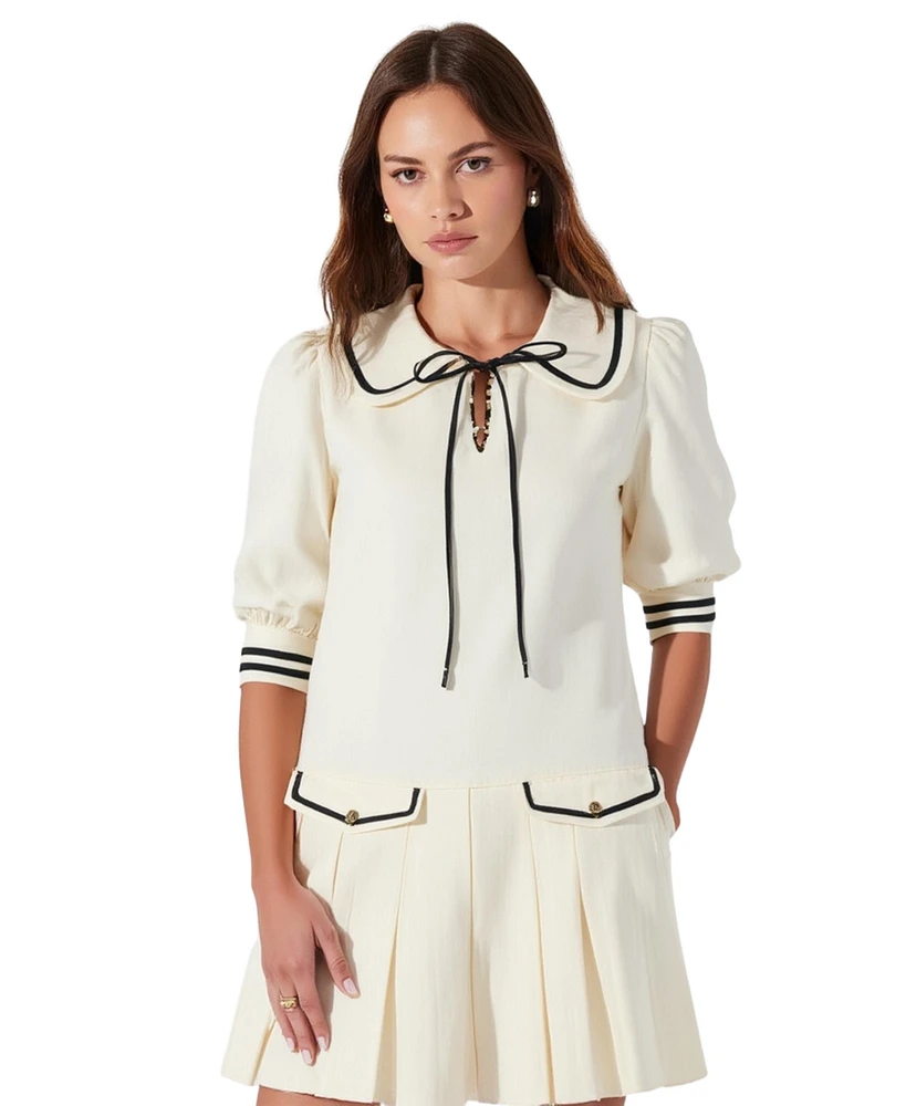 Modenaire Women's Pleated Contrast Collar Bow Tie Mini Dress