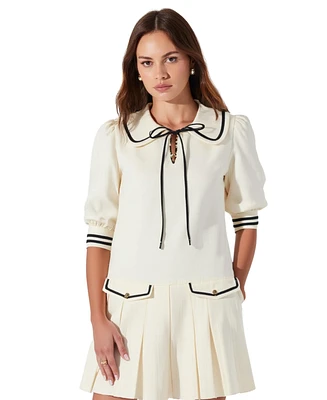 Modenaire Women's Pleated Contrast Collar Bow Tie Mini Dress