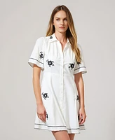 Modenaire Women's Short-Sleeve Embroidered Scalloped Shirt Dress