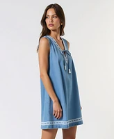 Modenaire Women's Sleeveless Embroidered Trim Tie Front Mini Dress