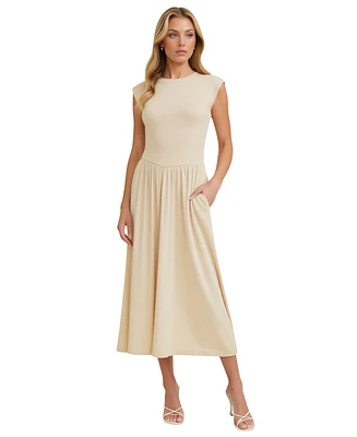 Modenaire Women's Cap Sleeve Knit Bodice Midi Dress with Pockets