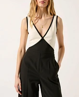 Modenaire Women's Sleeveless Two-Tone Deep V-Neck Wide Leg Jumpsuit